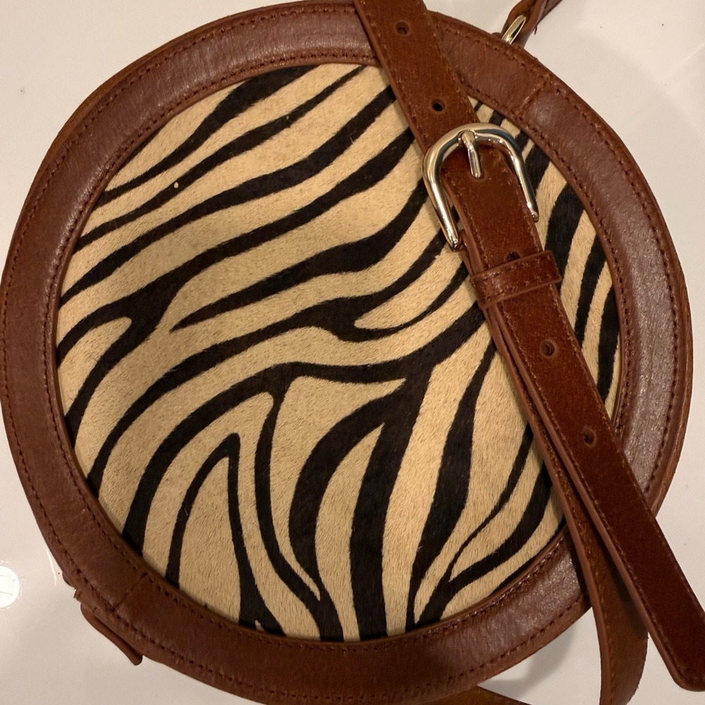 NEW Most Wanted USA Zebra Calf‎ Hair Circle Crossbody Bag - Plaid Lining